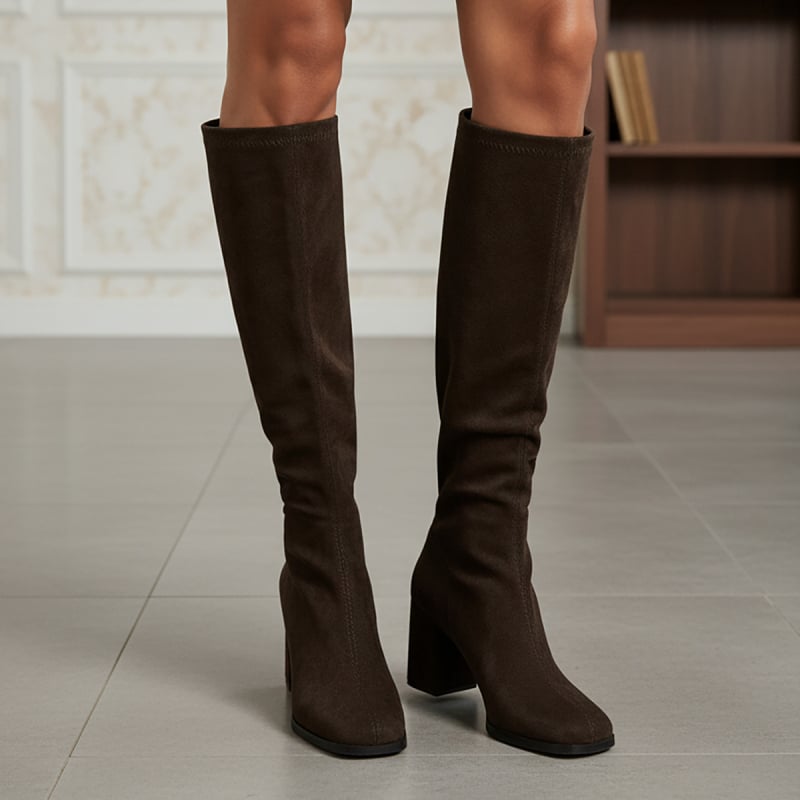 Cizme pentru călărie - Tibie înaltă, Vârf pătrat, Toc gros mediu, Exterior velur, Fermoar pe spate