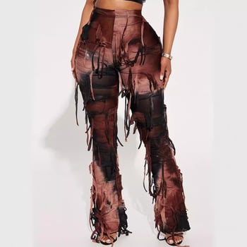 Ženske casual hlače s visokim strukom, tie-dye uzorom i resicama, pleteni materijal, poliester s elastanom, blago šire nogavice
