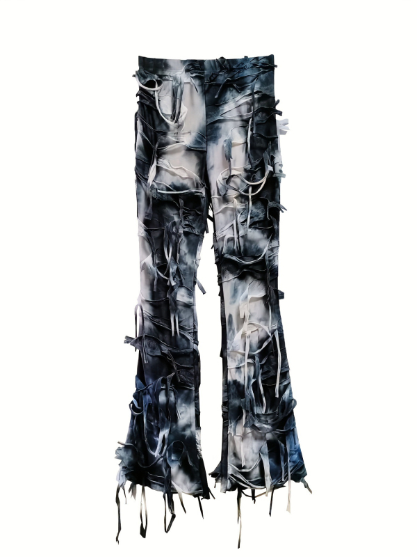 Ženske casual hlače s visokim strukom, tie-dye uzorom i resicama, pleteni materijal, poliester s elastanom, blago šire nogavice