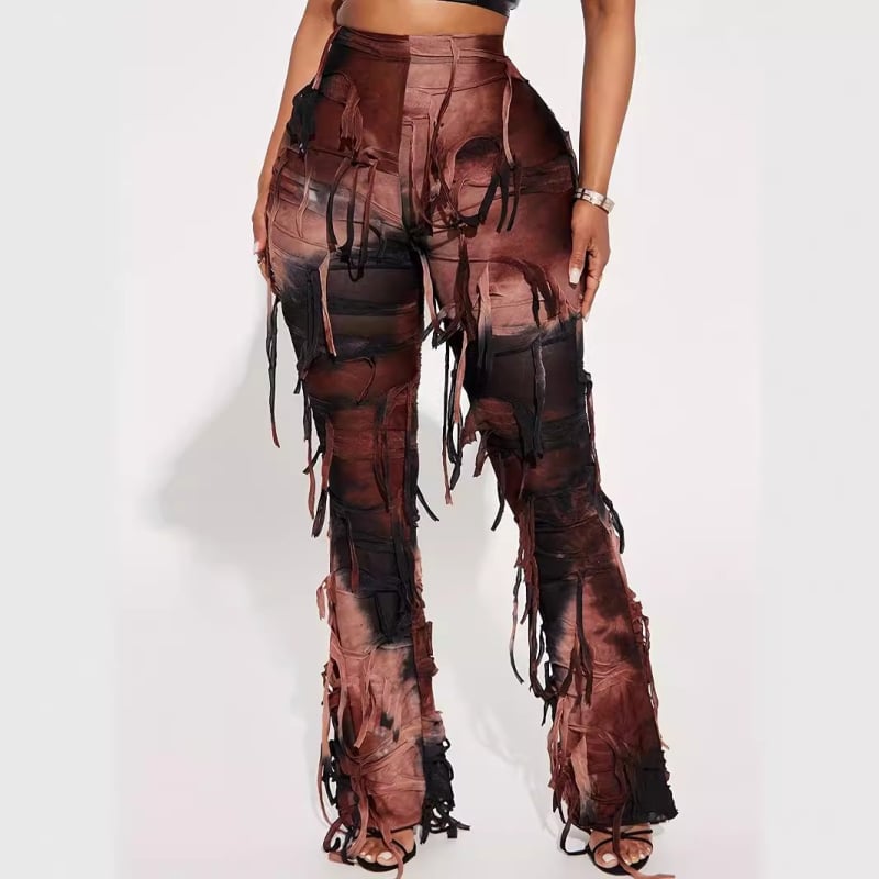 Ženske casual hlače s visokim strukom, tie-dye uzorom i resicama, pleteni materijal, poliester s elastanom, blago šire nogavice