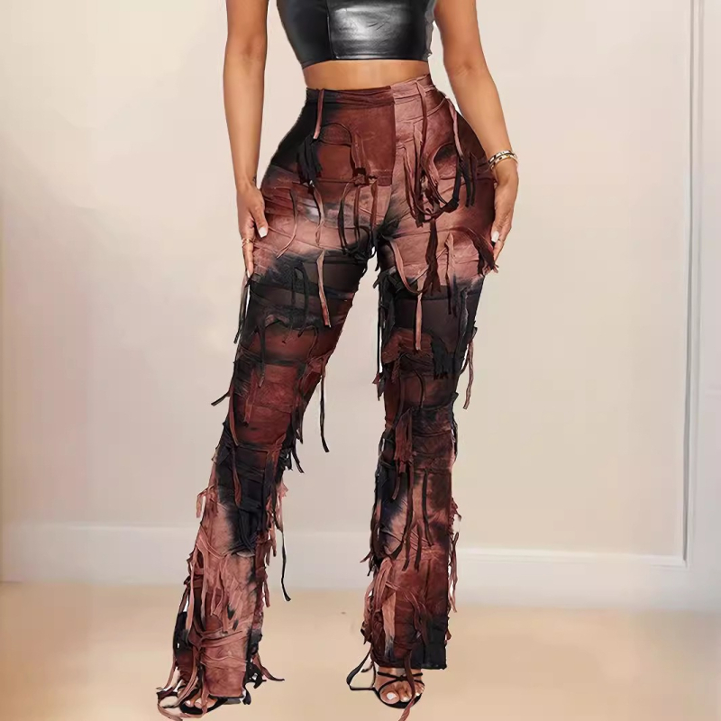 Ženske casual hlače s visokim strukom, tie-dye uzorom i resicama, pleteni materijal, poliester s elastanom, blago šire nogavice