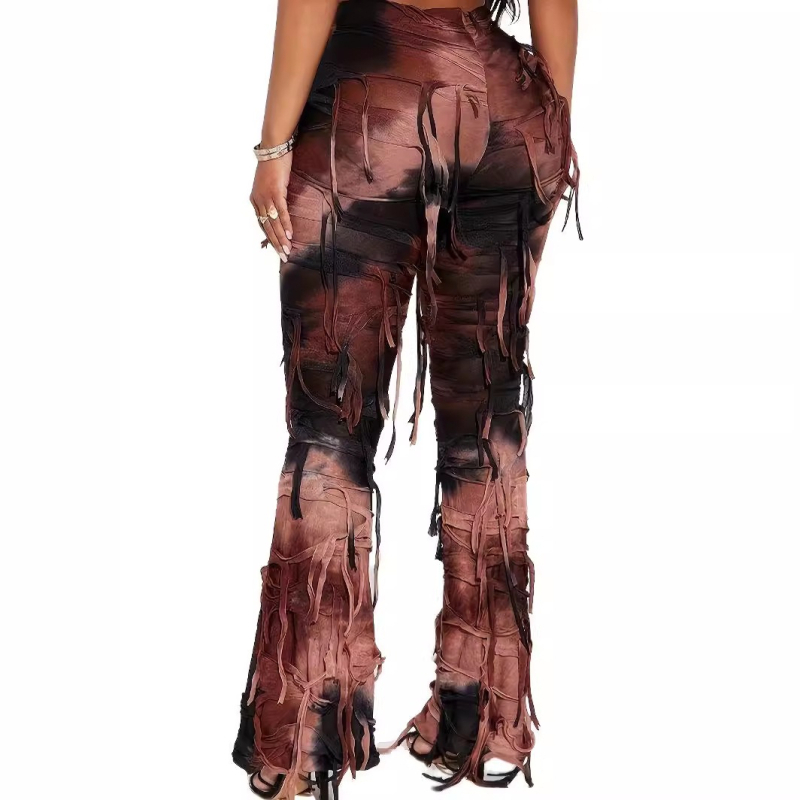 Ženske casual hlače s visokim strukom, tie-dye uzorom i resicama, pleteni materijal, poliester s elastanom, blago šire nogavice