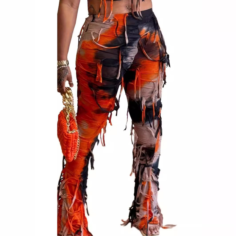 Ženske casual hlače s visokim strukom, tie-dye uzorom i resicama, pleteni materijal, poliester s elastanom, blago šire nogavice