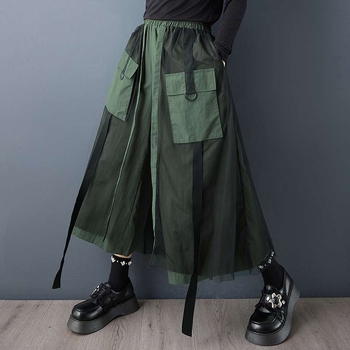 Pracovné nohavice s širokými nohami, patchwork zmes bavlny a polyesteru, vysoký pás, dĺžka 9/10