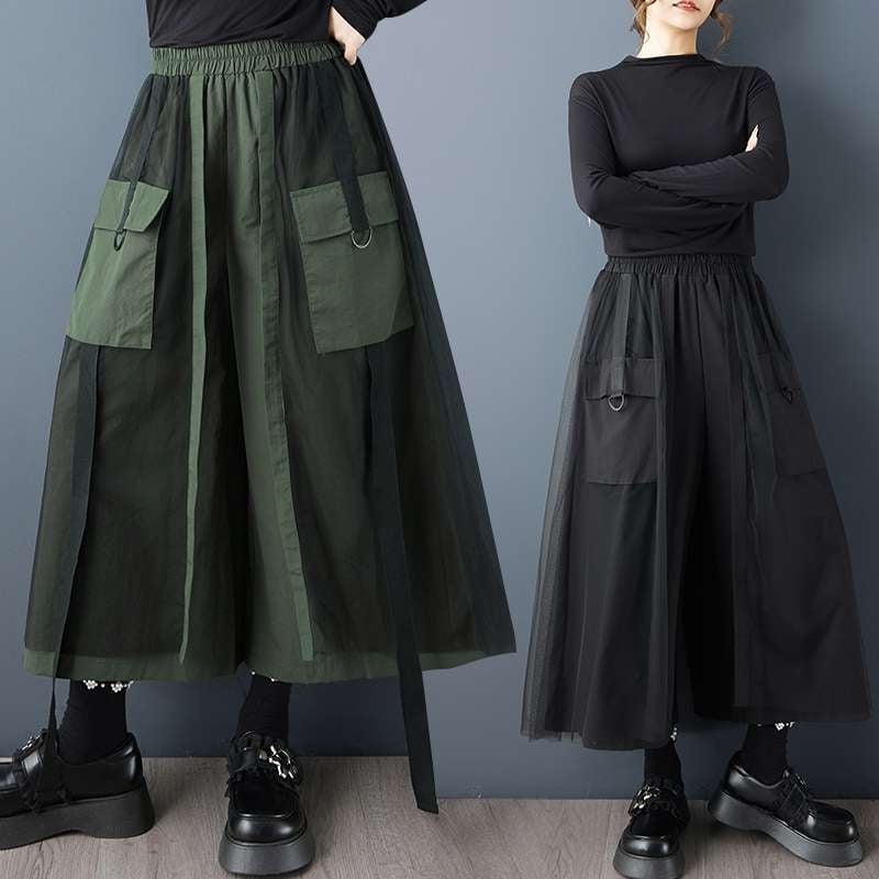 Pracovné nohavice s širokými nohami, patchwork zmes bavlny a polyesteru, vysoký pás, dĺžka 9/10