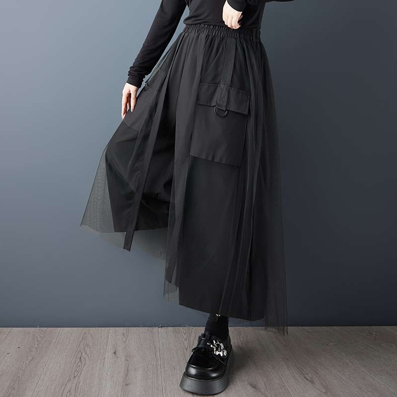 Pracovné nohavice s širokými nohami, patchwork zmes bavlny a polyesteru, vysoký pás, dĺžka 9/10