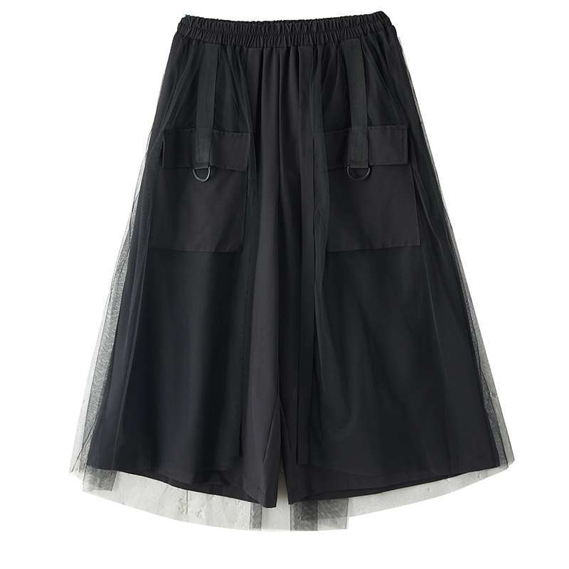 Pracovné nohavice s širokými nohami, patchwork zmes bavlny a polyesteru, vysoký pás, dĺžka 9/10