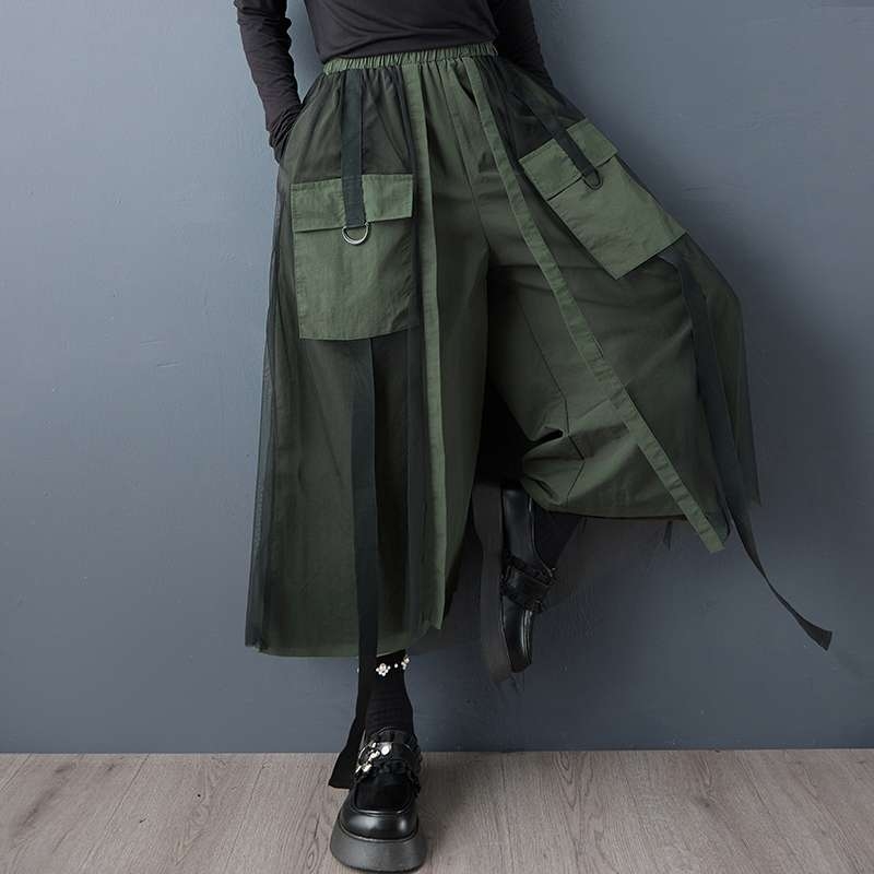 Pracovné nohavice s širokými nohami, patchwork zmes bavlny a polyesteru, vysoký pás, dĺžka 9/10