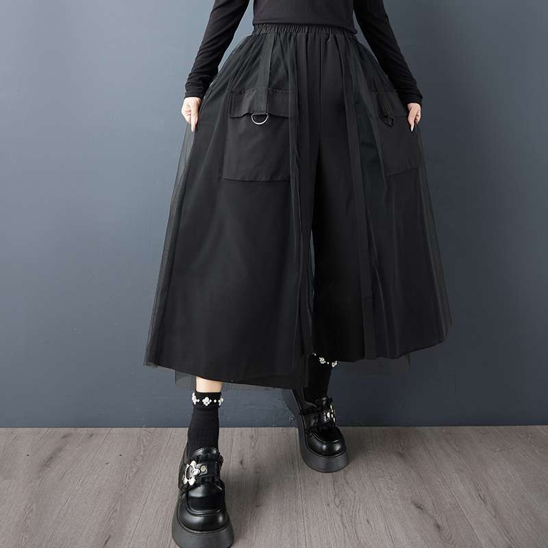 Pracovné nohavice s širokými nohami, patchwork zmes bavlny a polyesteru, vysoký pás, dĺžka 9/10