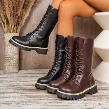 Женски ботуши Мартин: декоративни връзки, страничен цип, до средата на прасеца, водоустойчива гумена подметка, горна част изкуствена кожа