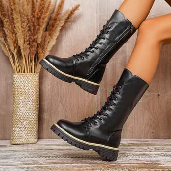 Женски ботуши Мартин: декоративни връзки, страничен цип, до средата на прасеца, водоустойчива гумена подметка, горна част изкуствена кожа