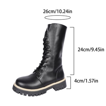 Женски ботуши Мартин: декоративни връзки, страничен цип, до средата на прасеца, водоустойчива гумена подметка, горна част изкуствена кожа