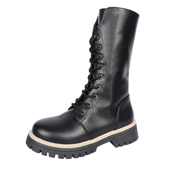 Женски ботуши Мартин: декоративни връзки, страничен цип, до средата на прасеца, водоустойчива гумена подметка, горна част изкуствена кожа