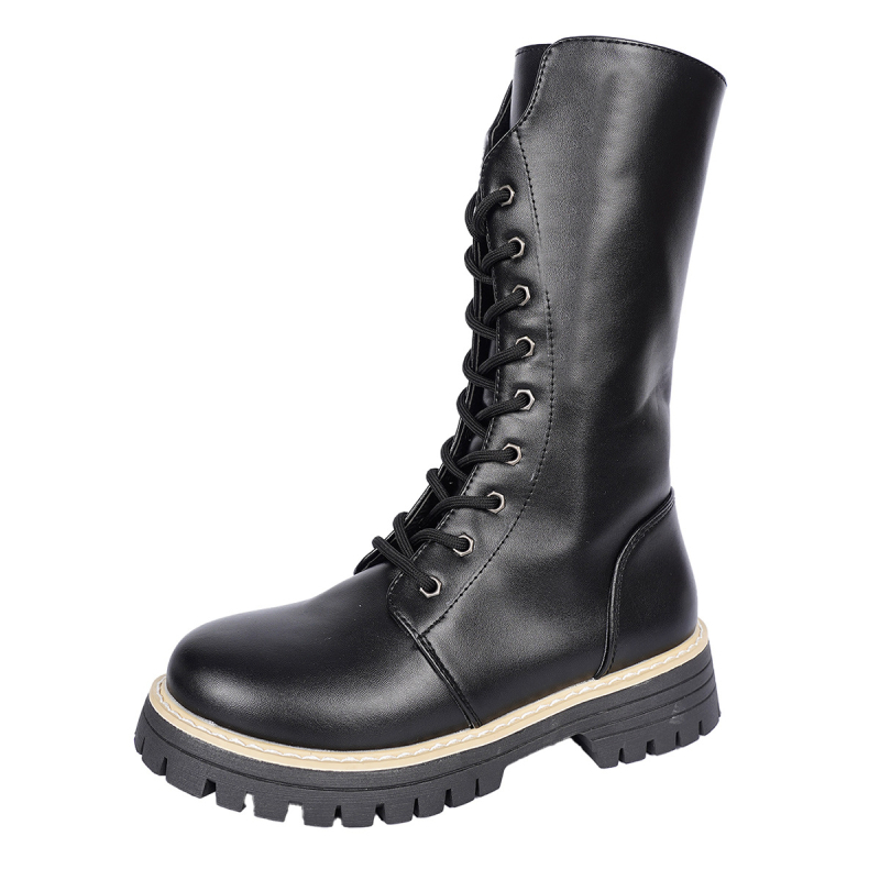 Женски ботуши Мартин: декоративни връзки, страничен цип, до средата на прасеца, водоустойчива гумена подметка, горна част изкуствена кожа