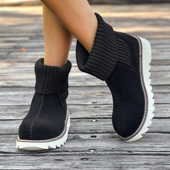 Női magas szárú bokacipő meleg flanel felsőrésszel – gumírozott talp, középmagas sarok 3-5 cm