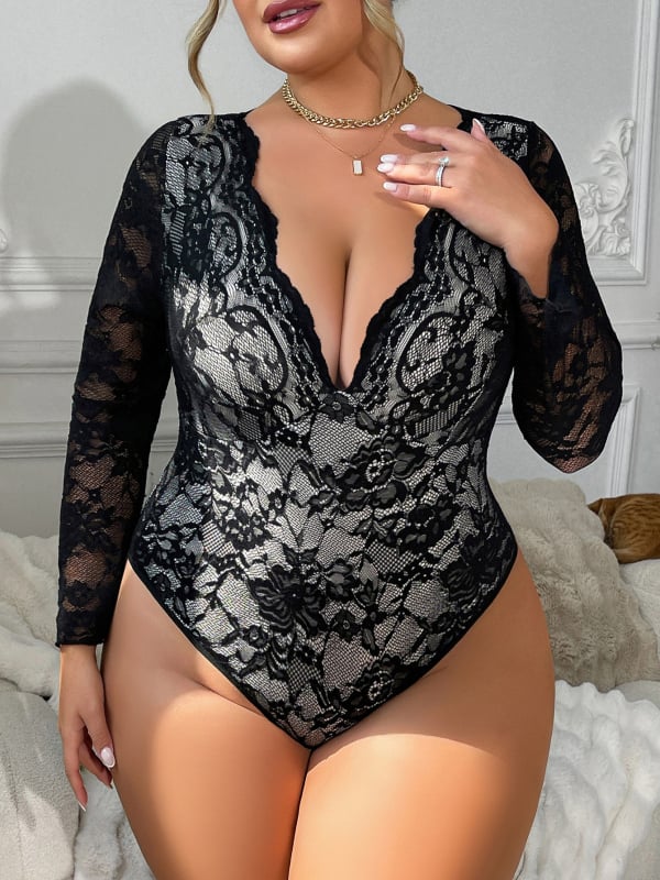 Jednodielne body, V-rok výstrih s čipkou, priehľadné, dlhé rukávy, vysoký pás, polyestér