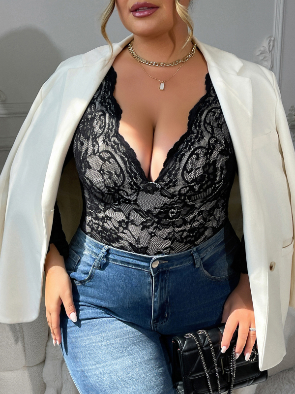 Jednodielne body, V-rok výstrih s čipkou, priehľadné, dlhé rukávy, vysoký pás, polyestér