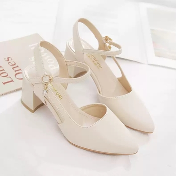 Moterų sandalai Korejos stiliuje su vidutinio aukščio kulnu, smailus pirštas, sagtis, guminė padas