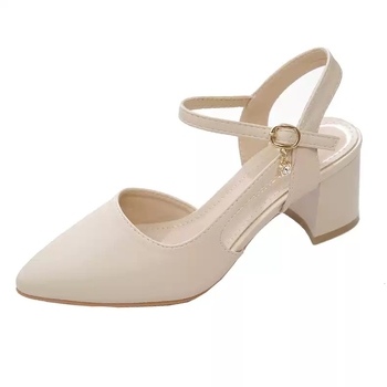 Moterų sandalai Korejos stiliuje su vidutinio aukščio kulnu, smailus pirštas, sagtis, guminė padas