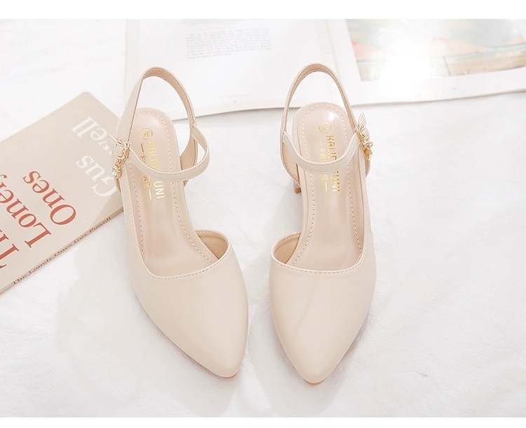 Moterų sandalai Korejos stiliuje su vidutinio aukščio kulnu, smailus pirštas, sagtis, guminė padas