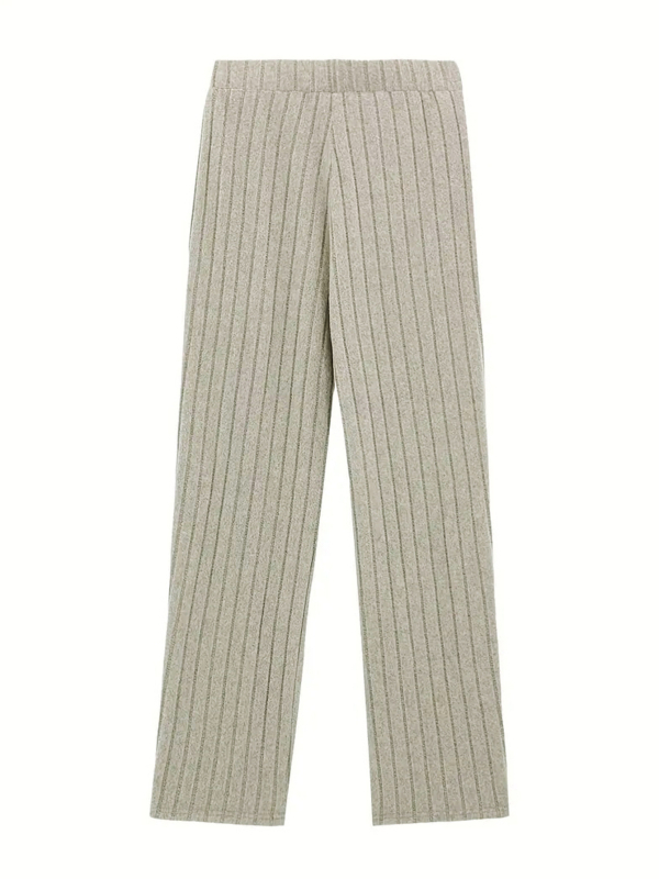 Dámske pletené широкé nohavice na jeseň-zimu, vysoký pás, pruhovaný vzor, polyester s elastanom, stredná hrúbka