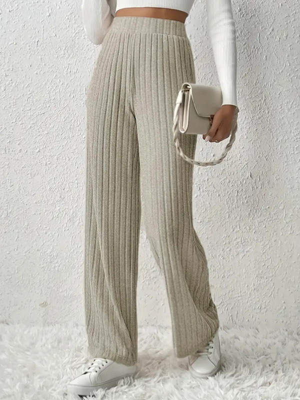 Dámske pletené широкé nohavice na jeseň-zimu, vysoký pás, pruhovaný vzor, polyester s elastanom, stredná hrúbka