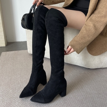Női suede térd fölötti csizma hegyes orrú, középmagas sarkú 3–5 cm, belső talp Super Fiber