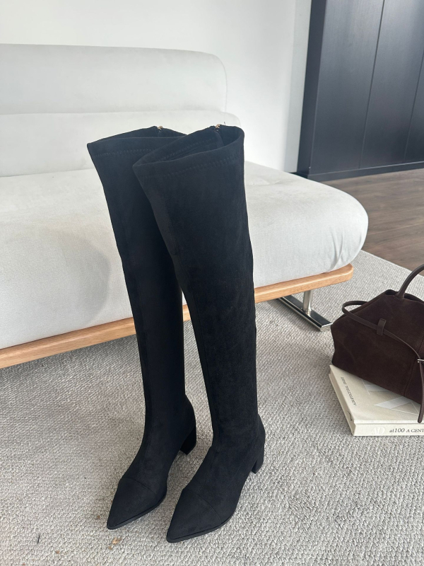 Női suede térd fölötti csizma hegyes orrú, középmagas sarkú 3–5 cm, belső talp Super Fiber