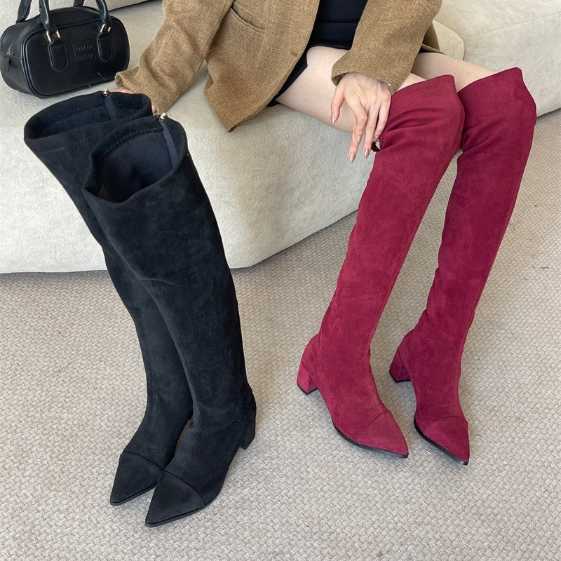 Női suede térd fölötti csizma hegyes orrú, középmagas sarkú 3–5 cm, belső talp Super Fiber