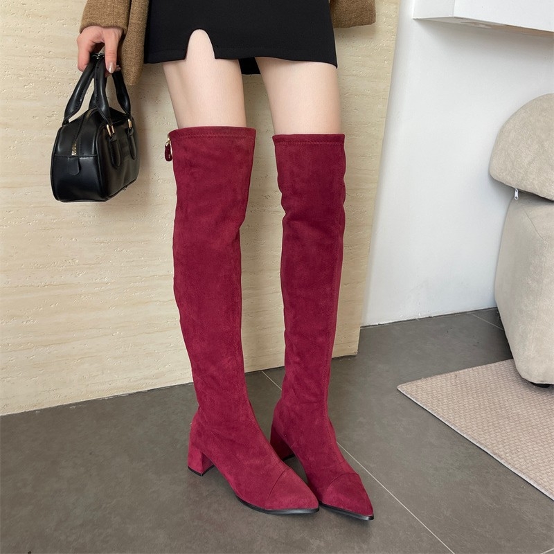 Női suede térd fölötti csizma hegyes orrú, középmagas sarkú 3–5 cm, belső talp Super Fiber