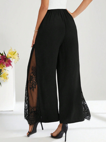Elegáns, széleslábú nadrág csipke betéttel, magas derekú, lazább szabás, 9/10 hossz, poliészter 95%+