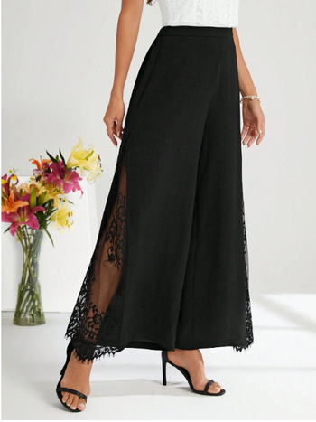 Elegáns, széleslábú nadrág csipke betéttel, magas derekú, lazább szabás, 9/10 hossz, poliészter 95%+