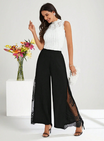 Elegáns, széleslábú nadrág csipke betéttel, magas derekú, lazább szabás, 9/10 hossz, poliészter 95%+