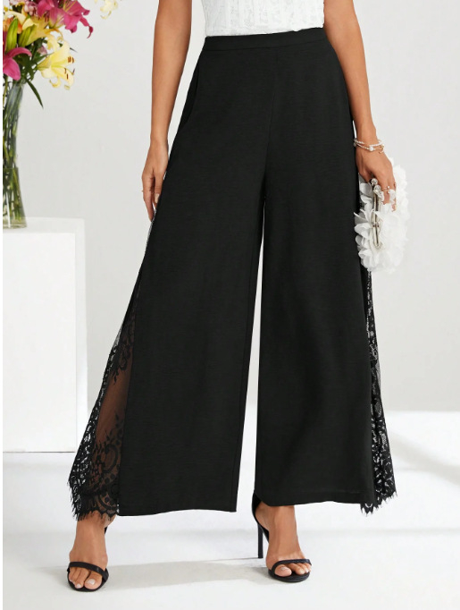 Elegáns, széleslábú nadrág csipke betéttel, magas derekú, lazább szabás, 9/10 hossz, poliészter 95%+