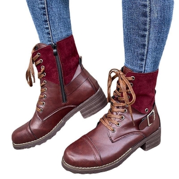 Női Martin csizma – rövid boka, körkörös orr, közepes 3–5 cm magas sarkú, PU felső, összetett talp, oldalsó cipzár, fűző és övcsat, retro stílus