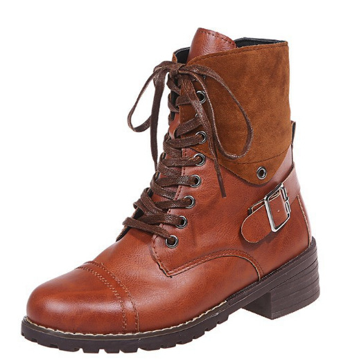 Női Martin csizma – rövid boka, körkörös orr, közepes 3–5 cm magas sarkú, PU felső, összetett talp, oldalsó cipzár, fűző és övcsat, retro stílus