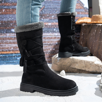 Ghete de iarnă pentru femei din velur, până la mijlocul gambei, cu fermoar lateral, talpă din cauciuc, căptușeală din blană artificială