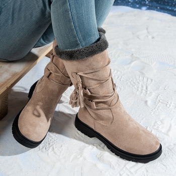 Ghete de iarnă pentru femei din velur, până la mijlocul gambei, cu fermoar lateral, talpă din cauciuc, căptușeală din blană artificială