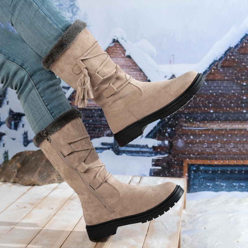 Ghete de iarnă pentru femei din velur, până la mijlocul gambei, cu fermoar lateral, talpă din cauciuc, căptușeală din blană artificială