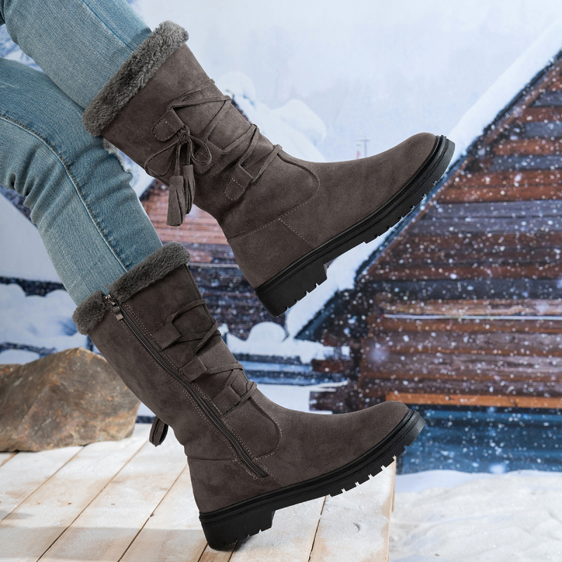 Ghete de iarnă pentru femei din velur, până la mijlocul gambei, cu fermoar lateral, talpă din cauciuc, căptușeală din blană artificială