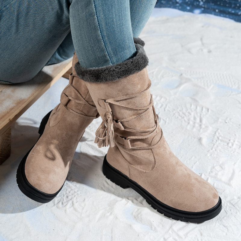Ghete de iarnă pentru femei din velur, până la mijlocul gambei, cu fermoar lateral, talpă din cauciuc, căptușeală din blană artificială