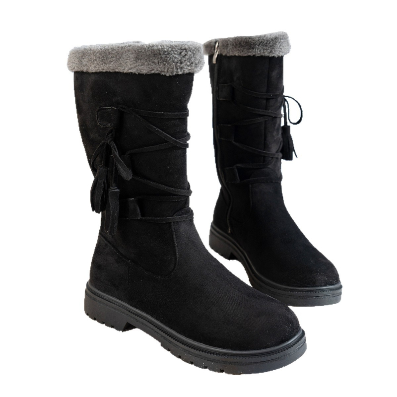 Ghete de iarnă pentru femei din velur, până la mijlocul gambei, cu fermoar lateral, talpă din cauciuc, căptușeală din blană artificială
