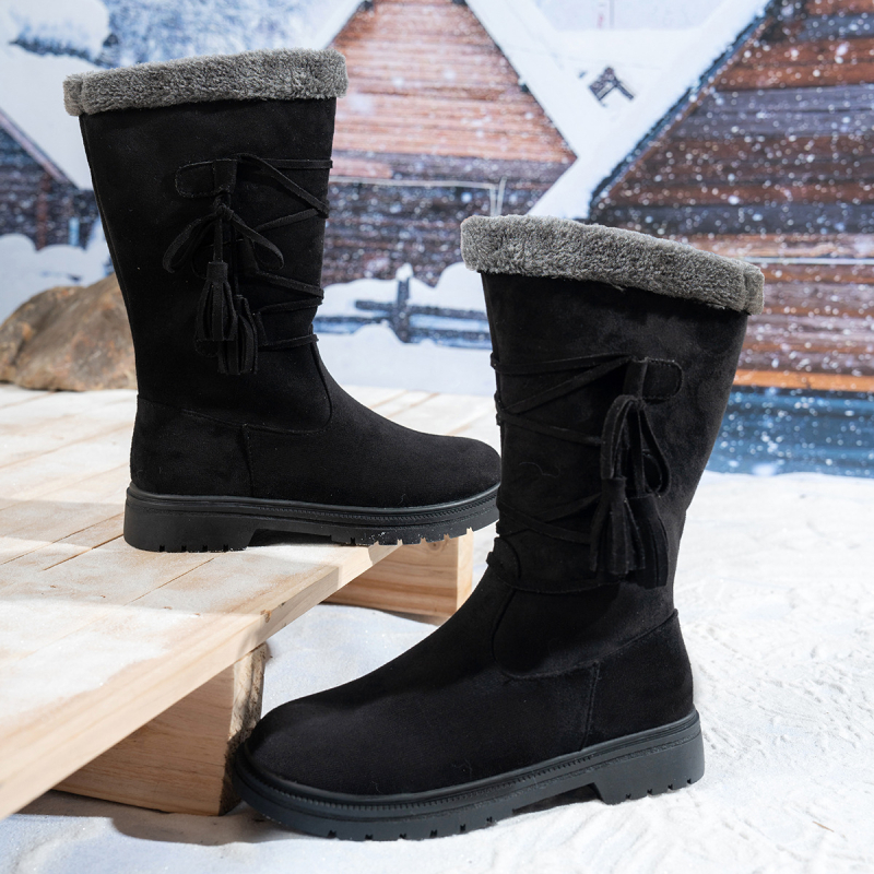 Ghete de iarnă pentru femei din velur, până la mijlocul gambei, cu fermoar lateral, talpă din cauciuc, căptușeală din blană artificială