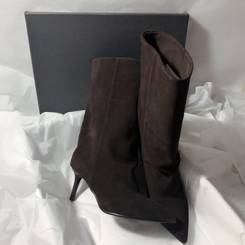 Дамски миди конни ботуши от набук, остър нос, висок ток 6–8 cm