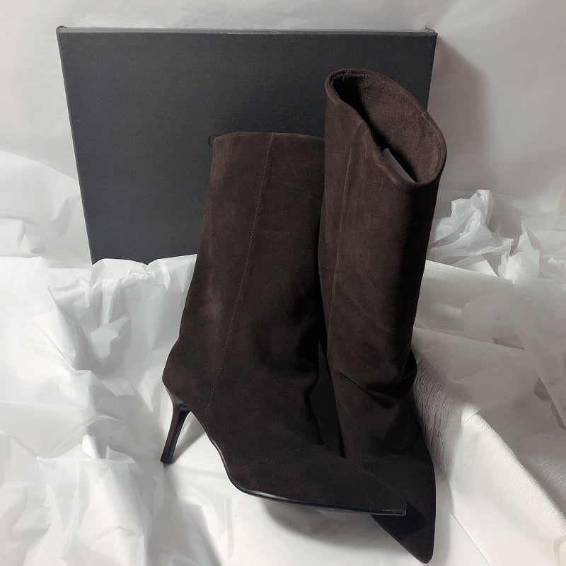 Дамски миди конни ботуши от набук, остър нос, висок ток 6–8 cm