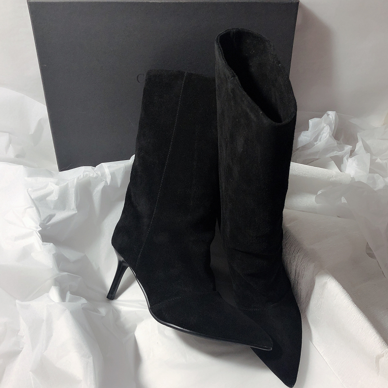 Дамски миди конни ботуши от набук, остър нос, висок ток 6–8 cm