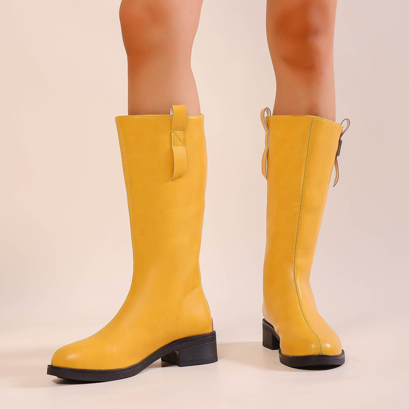 Női PU divatcsizma, magas szár, kerek orr, 1–3 cm-es alacsony sarkú, hátsó cipzár