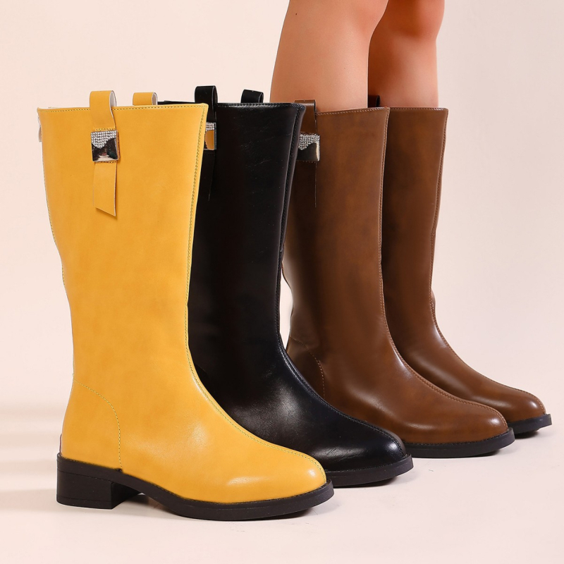 Női PU divatcsizma, magas szár, kerek orr, 1–3 cm-es alacsony sarkú, hátsó cipzár