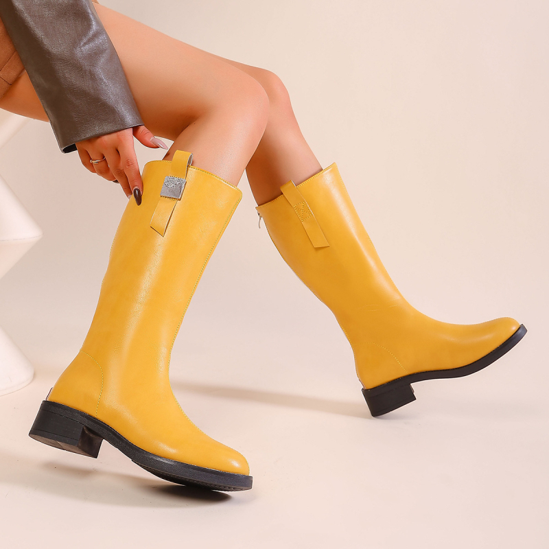 Női PU divatcsizma, magas szár, kerek orr, 1–3 cm-es alacsony sarkú, hátsó cipzár