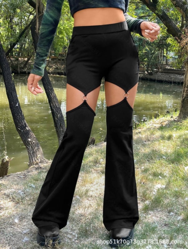 Női harangvonalú nadrág lyukasztott részletekkel, poliészter-elasztán keverék, középmagas derék, hosszú fazon